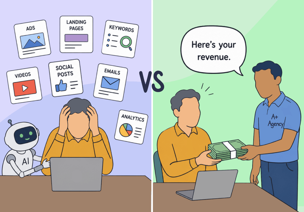 Illustration showing concepts related to AI Can't Own the Number: Why Agencies Must Stop Selling Tasks and Start Owning Revenue