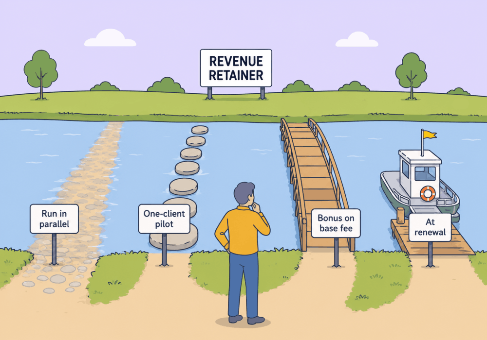 Illustration showing concepts related to You Don't Have to Jump All at Once: A Practical Path to a Revenue Retainer