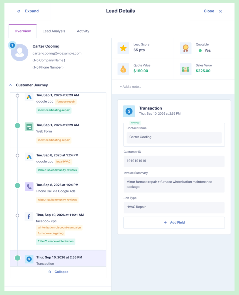 Screenshot of the Lead Details screen within WhatConverts.