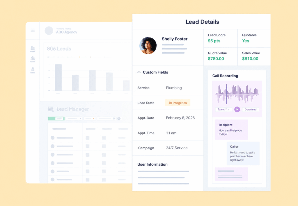 Lead Details page in WhatConverts showing the call transcript next to the attribution so marketers know which calls were high quality and where they came from.